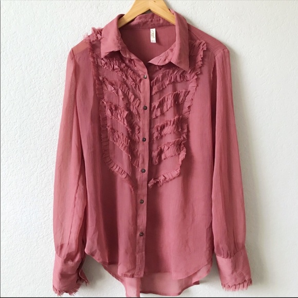 FREE PEOPLE Sheer Raspberry Ruffle Tuxedo Blouse - Picture 4 of 9